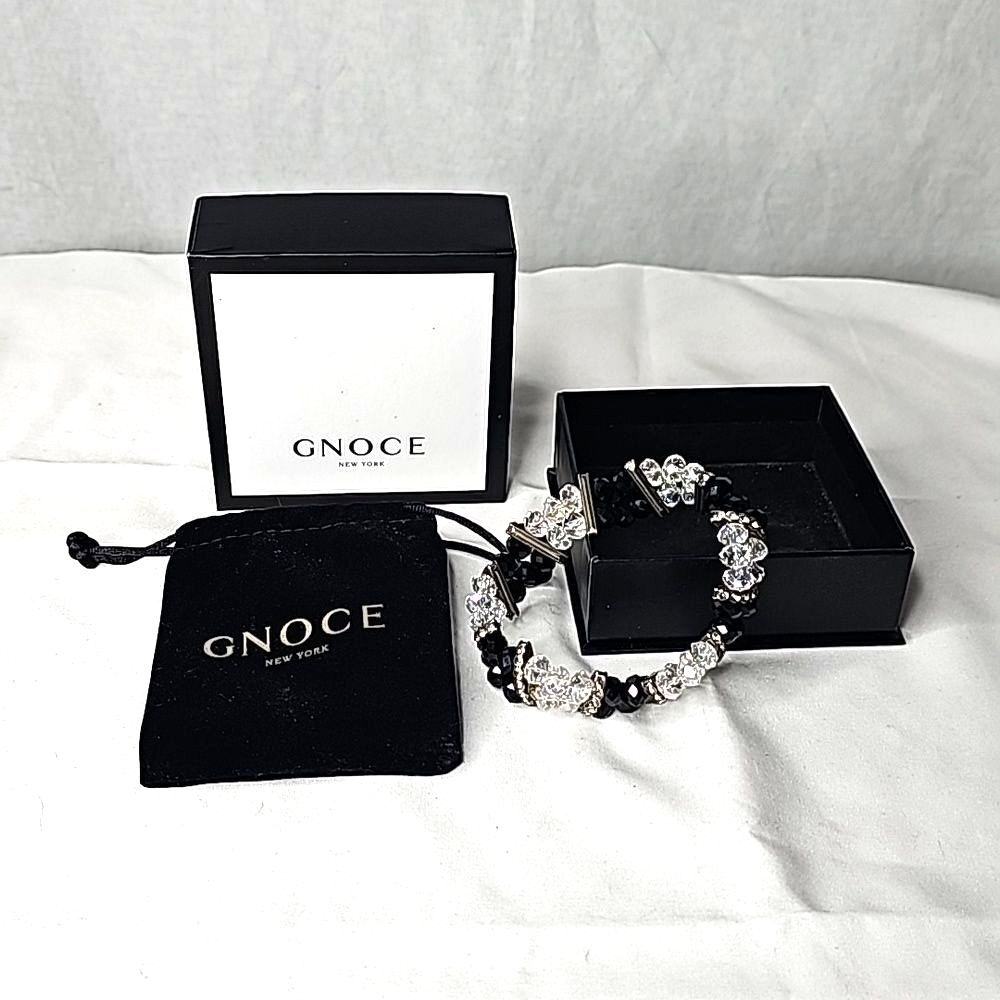 Gnoce Crystal Bracelet Black Clear Silver Rhinestone Bars Size 7.25"